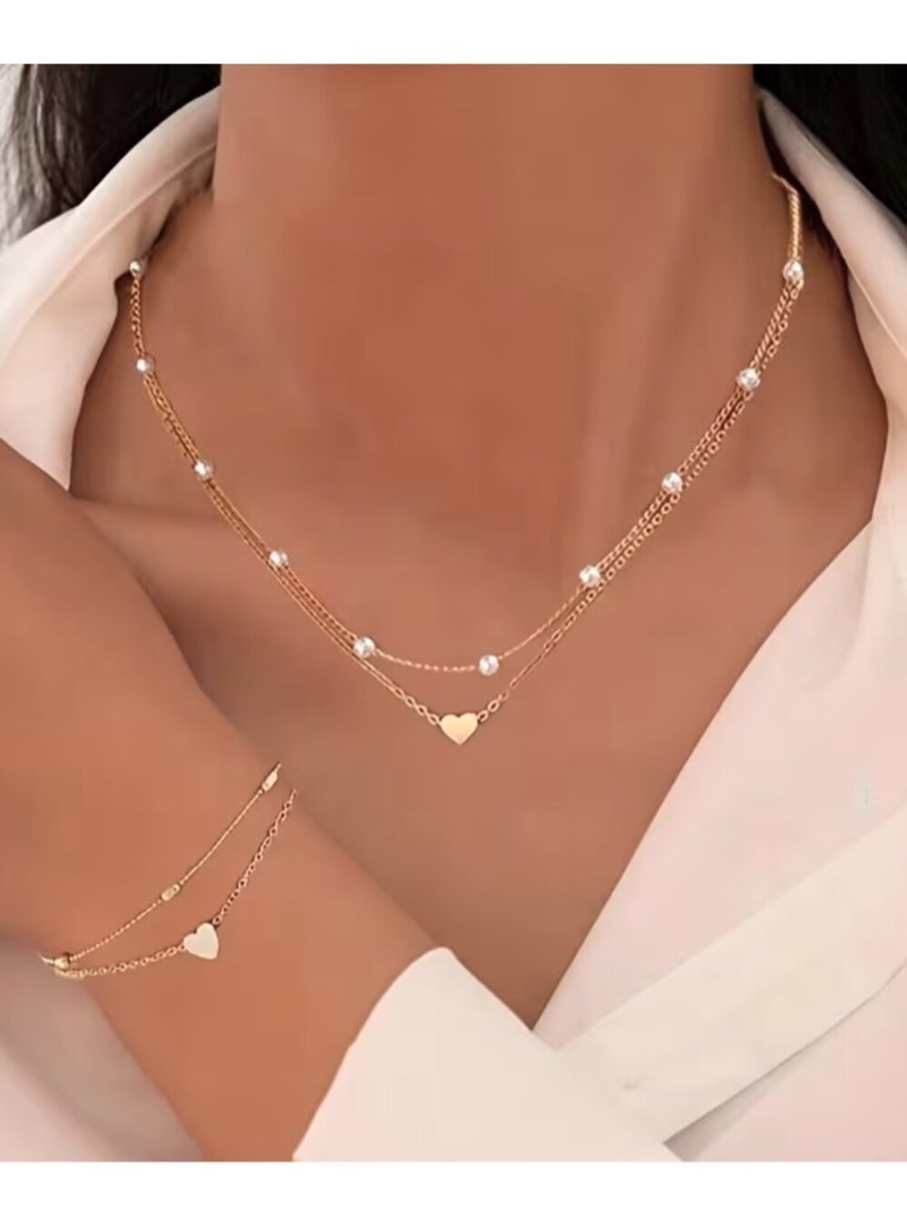 Minimalist Pearl & Bead Necklace Bracelet Rose Gold 3pc Layered Imitation Pearls